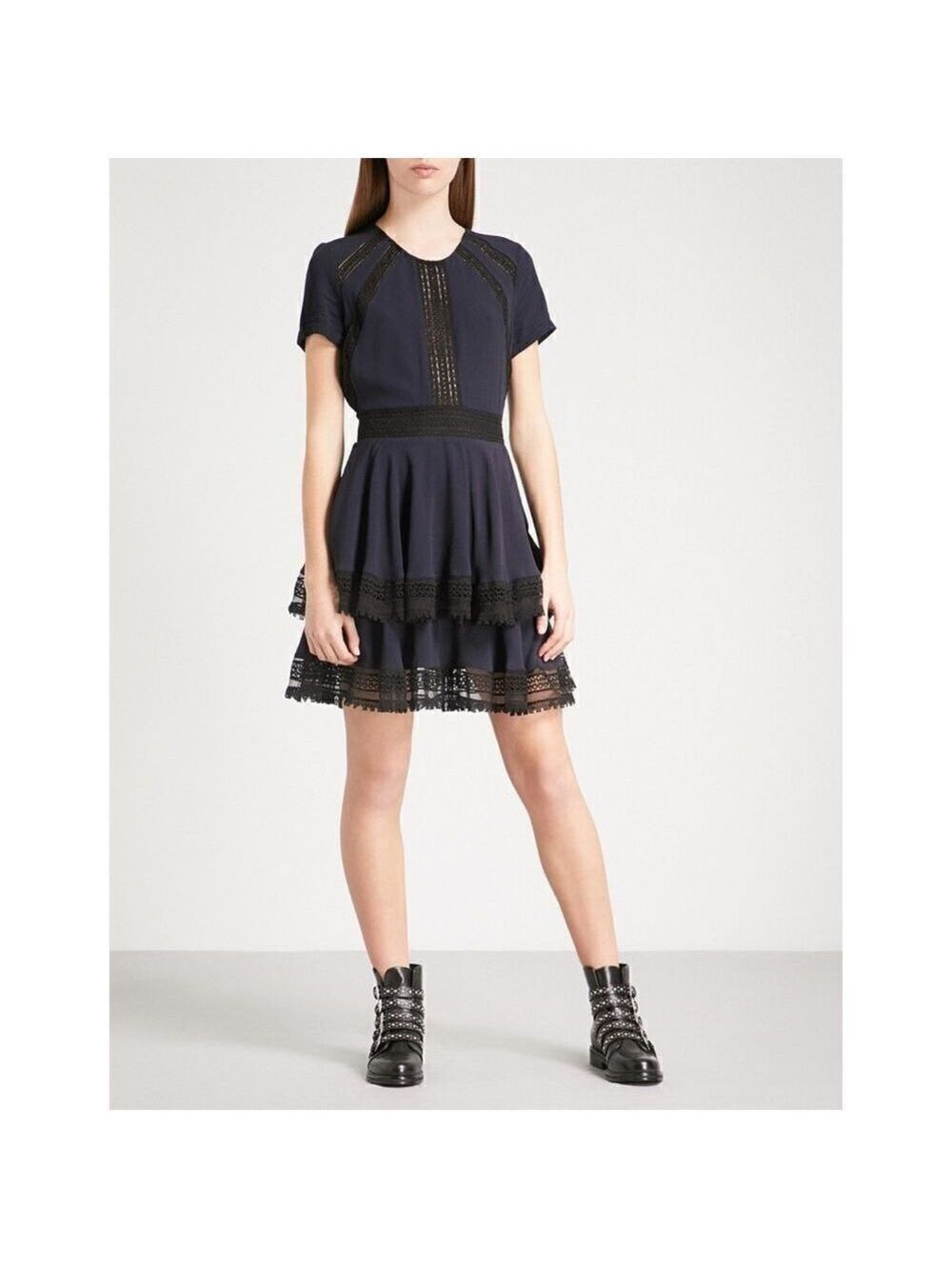 Maje Raglia Crepe Lace Inlet Tiered Dress Blue